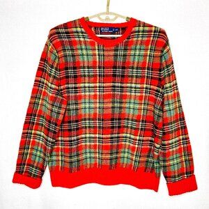 Vintage Polo Ralph Lauren Wool/Camel Hair Sweater Tartan Plaid Suede Elbow Patch